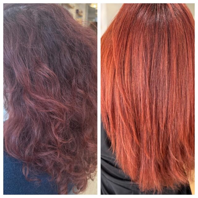 Photo comparing before and after hair treatment