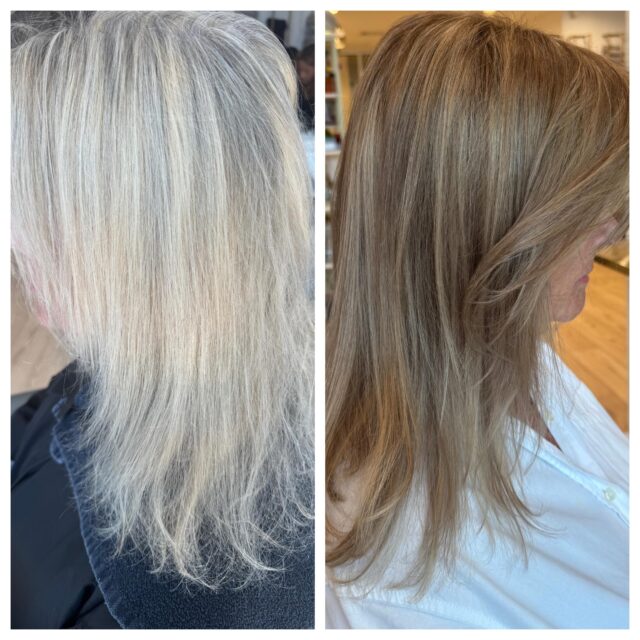 Photo comparison between before and after for gray hair treatment