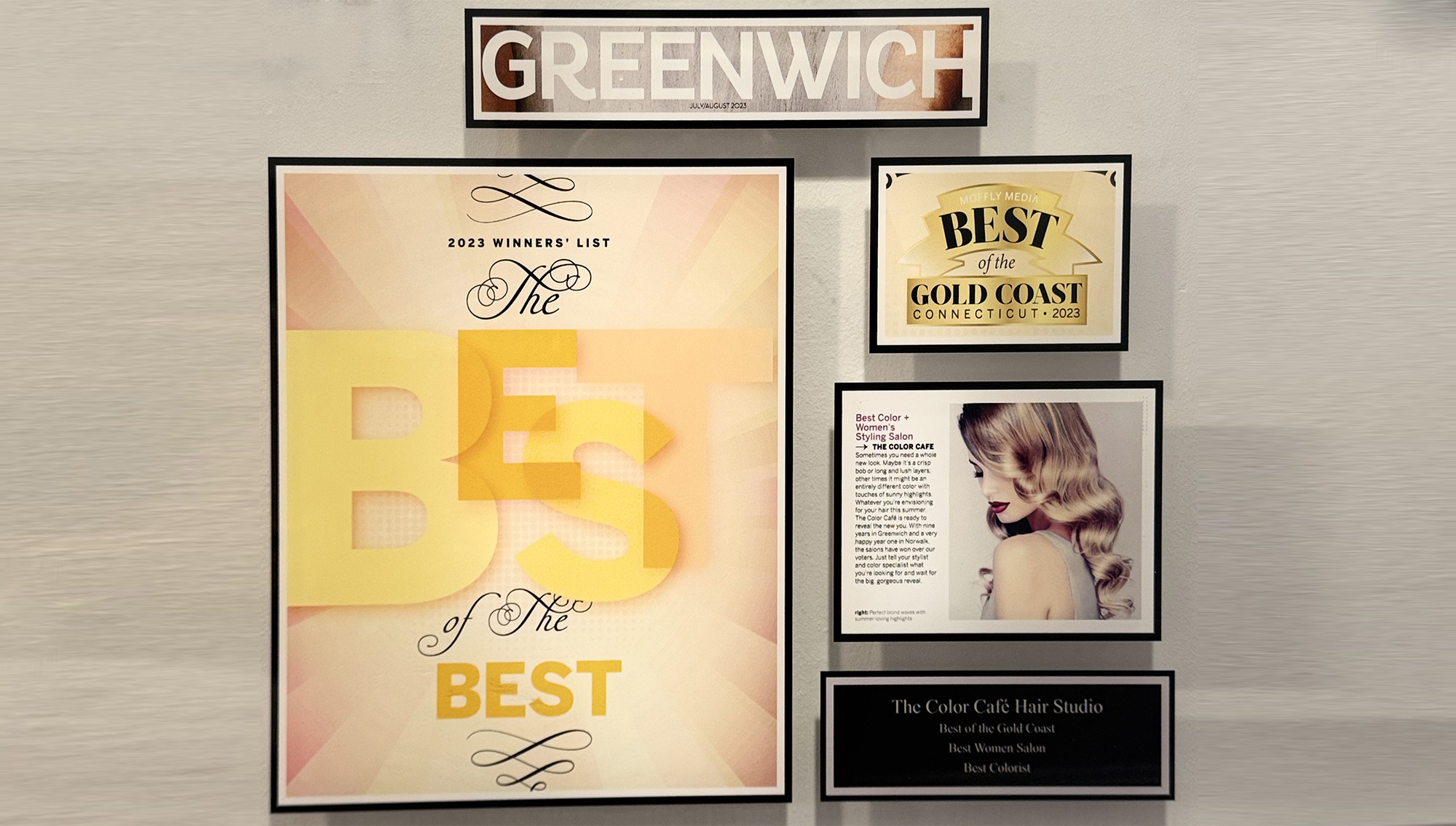 A collage of awards, magazine articles, and accolades.